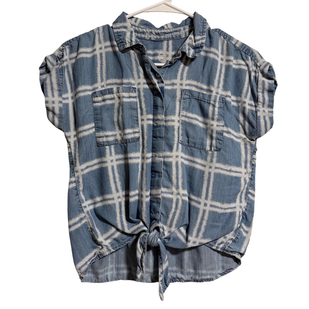 Wonder Nation Girls Blue Plaid Front Tie Button Down Shirt Size L 10-12
